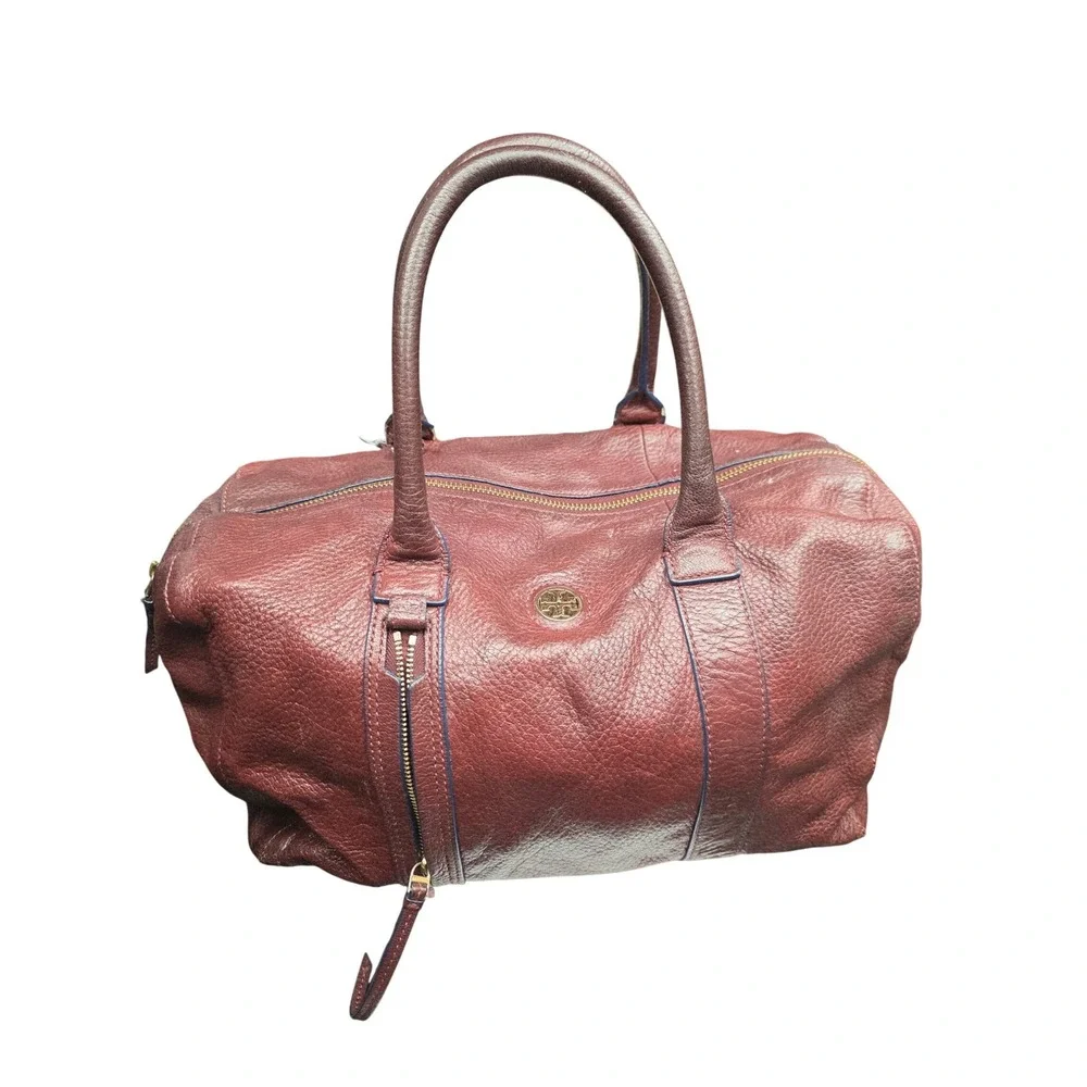 Tory Burch Brody Satchel Large Burgundy Pebbled Leather Gold Logo Duffel Bag